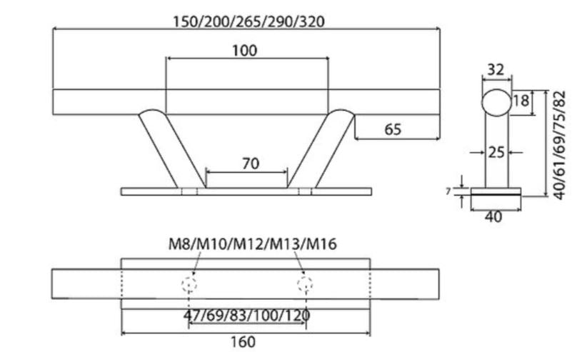 1852 Pullert 320mm RF vist fra siden, detaljeret design til bådudstyr.