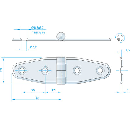 Roca hængsel 106x30mm AISI304 set forfra med blank overflade