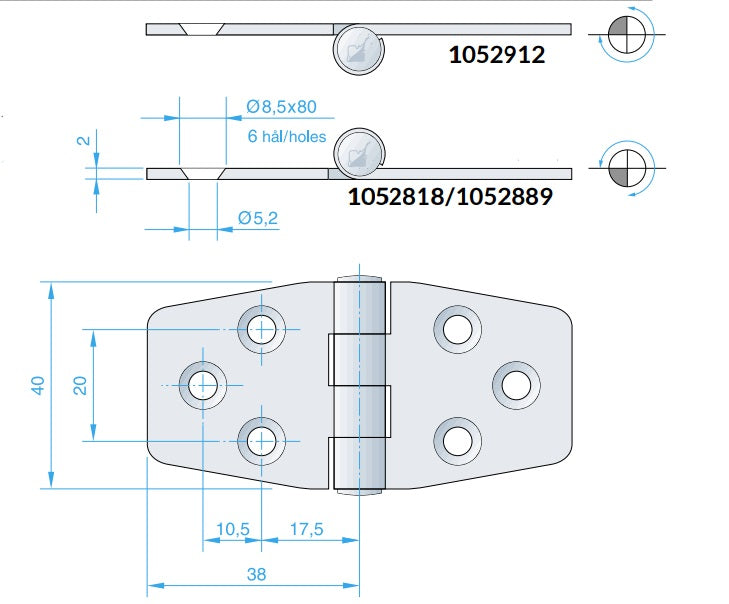 Roca hængsel 76x40mm RF 316 installeret på en båd, viser robust design.