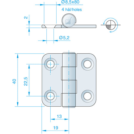 Roca hængsel 38x40mm RF 316 set forfra med metallisk finish