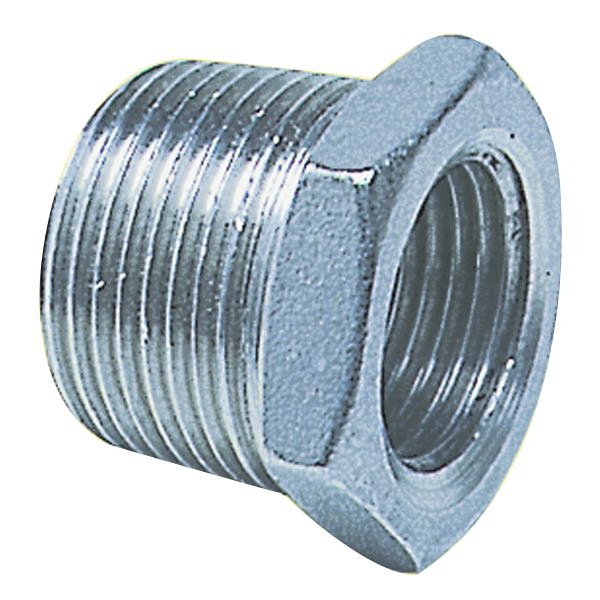 Nippelmuffe 3/8-1/4" RF fra 1852 i rustfrit stål, set fra siden.