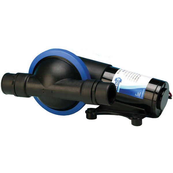 Jabsco membranpumpe 24V, set forfra med tilslutninger synlige.