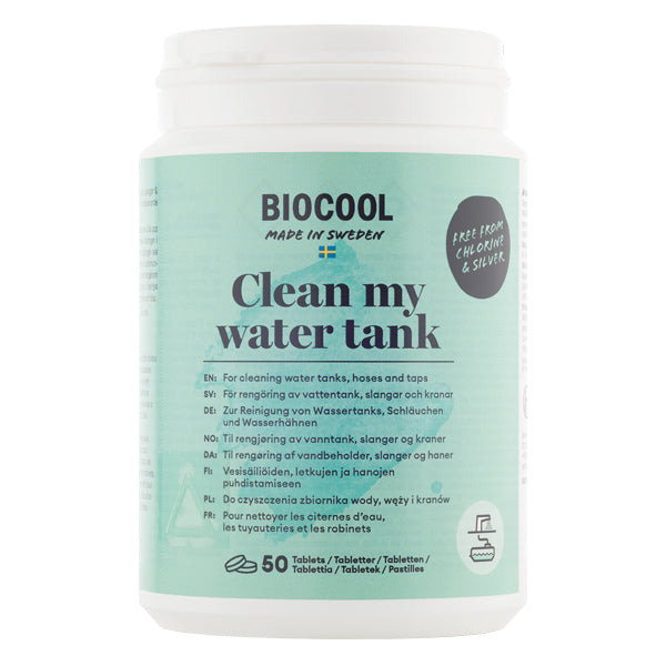 Bio Cool Clean Water Tank tabs i pakke, ideelle til vandrensning ombord.