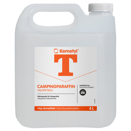 Kemetyl Campingparaffin brændsel i 4 liters beholder på hvid baggrund.