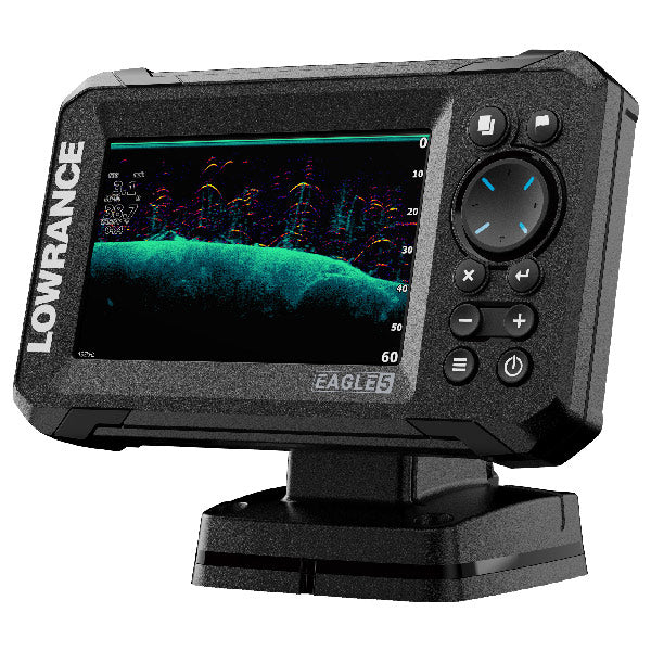 Detalje af Lowrance Fishfinder Eagle 5 skærm med vanddybdeinformation
