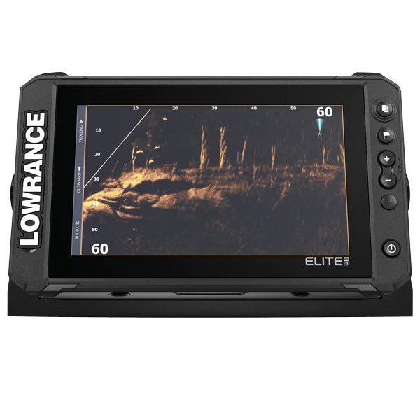 Lowrance Elite FS 7 med 3-i-1 transducer vist fra siden med skærm og kontrolpanel.