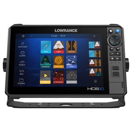 Baggrundsvisning af Lowrance HDS-10 PRO med transducer monteret.