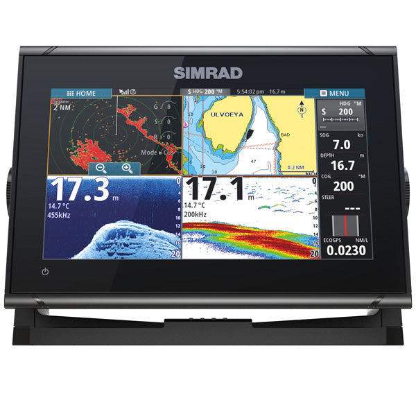 Simrad Go7 XSR kortplotter med Active Imaging hæktransducer set skråt fra venstre