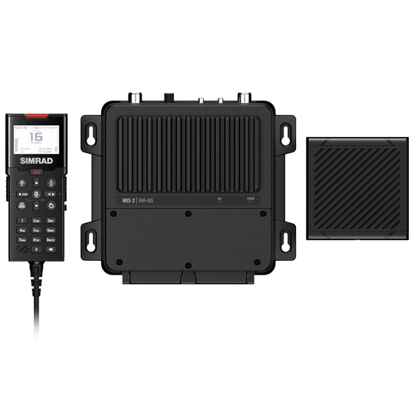 Simrad RS100 VHF blackbox-radio sæt, vist fra forfra med tilslutninger