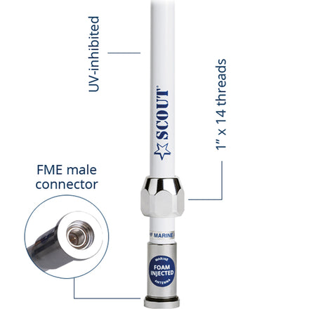 Bagfra billede af hvid Scout VHF antenne i maritime omgivelser