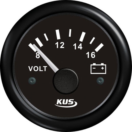 Kus voltmeter i sort farve til 12V, set forfra med tydelig skala.