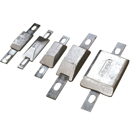 Tecnoseal aluanode i størrelsen 1.00 kg, set fra oven med mål 140×82×26 mm.