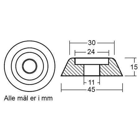 Close-up af Tecnoseal zinkanode, der viser detaljerne på 15 mm modellen.