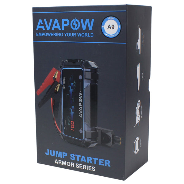 Avapow A9 jump starter i taske klar til transport