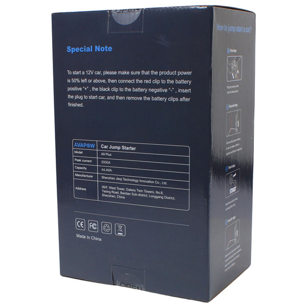 Avapow A9 Plus jump starter pakket i sin opbevaringspose