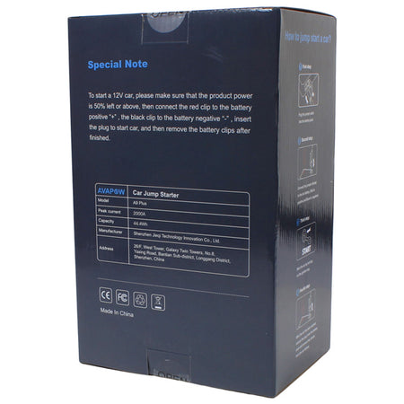 Avapow A9 Plus jump starter pakket i sin opbevaringspose