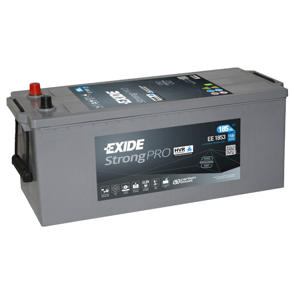 Exide 185Ah batteri set fra siden med mål og specifikationer