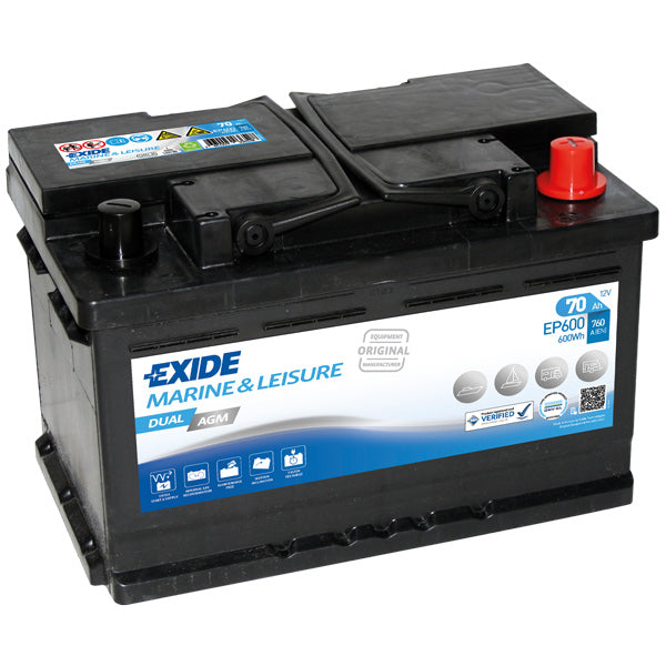 Exide batteri, AGM 760CCA, set fra siden med mål og specifikationer synlige