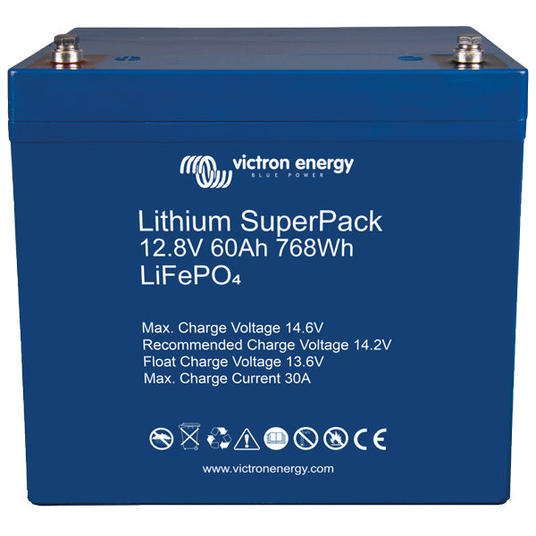 Victron lithium SuperPack 12V 60Ah set forfra, designet til både og marine brug.