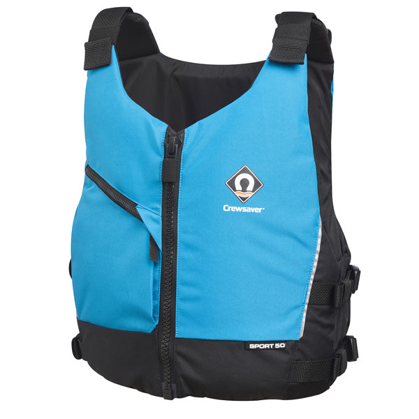 Crewsaver Sport 50N flydevest i blå farve til junior, set forfra.