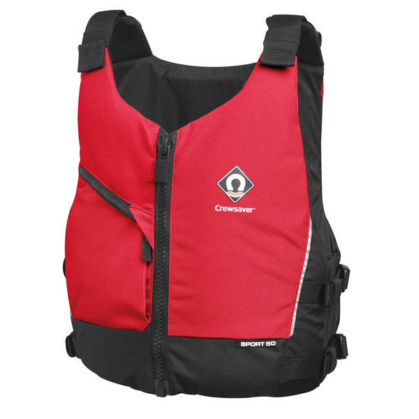 Crewsaver Sport 50N flydevest i rød farve set forfra, størrelse S/M.
