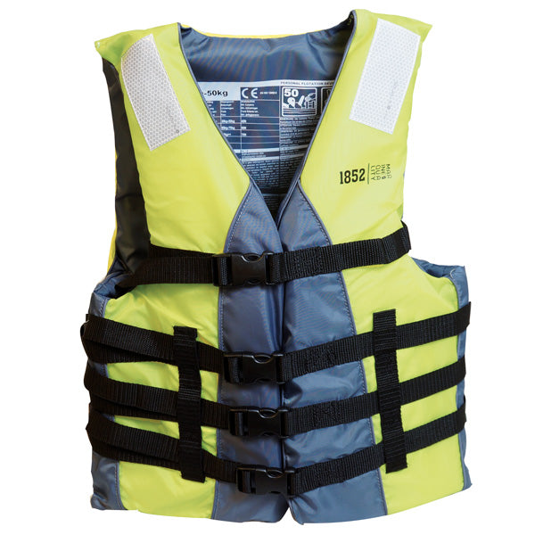 Bagview af 1852 vandsportsvest i sort/lime, der viser justerbare stropper