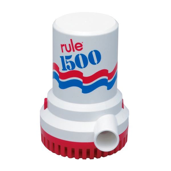 Rule 1500 gph 12v lænsepumpe set forfra, klar til montering på båd.