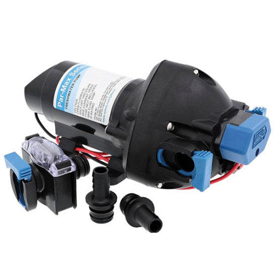 Jabsco Par-Max 3 trykvandspumpe set fra siden med tilkoblinger