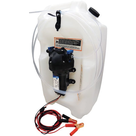 Jabsco 12v oliepumpe med 13l tank, vist fra siden