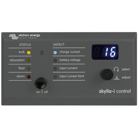 Victron kontrolpanel til Skylla-i lader, set forfra med tydelige betjeningsknapper.