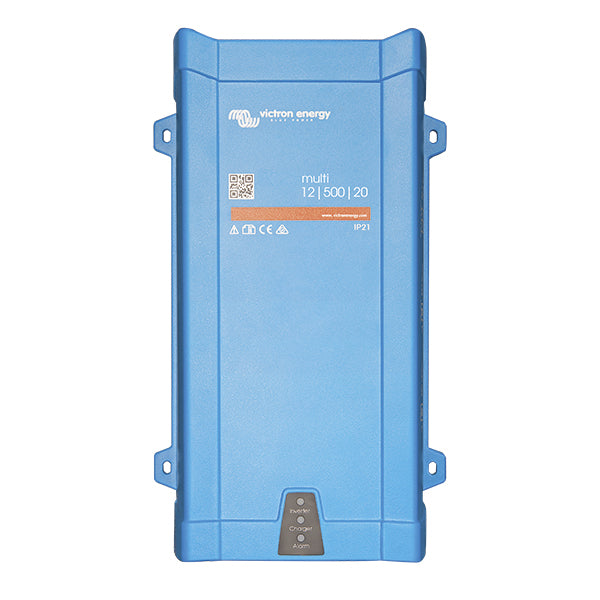 Victron inverter/lader Multiplus 12V 1600W, set fra siden og med tilslutninger.