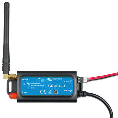 Victron Cerbo GX LTE 4G modem set forfra med tilslutninger og antenne.