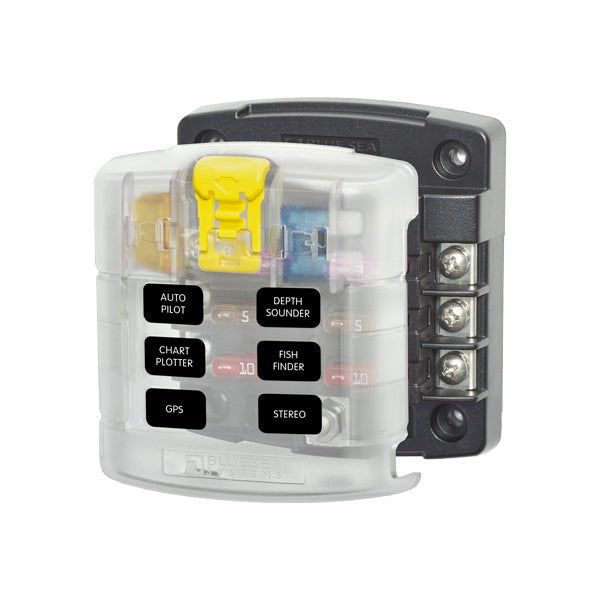 Blue Sea Systems sikringsholder med seks 30 A sikringer set forfra