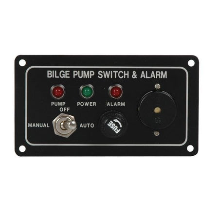 SeaTec pumpepanel med akustisk alarm set forfra, til brug på båd.