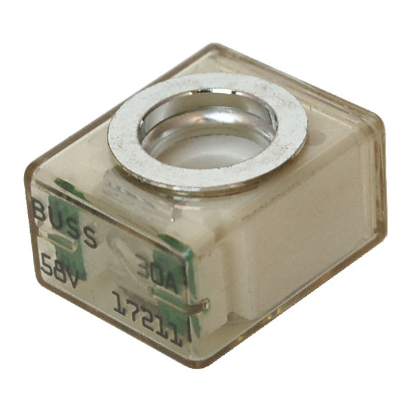 Blue Sea Systems 100A terminal sikring set fra siden med gennemsigtigt materiale