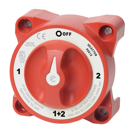 Blue Sea Systems batteriomskifter 350 Ah set forfra med betjeningsknapper.