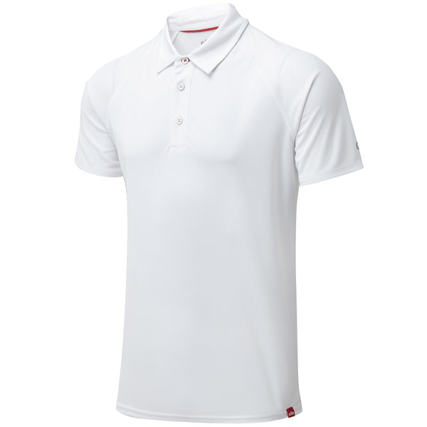 Gill UV008 poloshirt til herre i hvid, set forfra, størrelse XS.