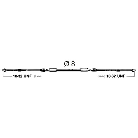 Ultraflex kontrolkabel czero 3,36 m, set fra siden med fokus på afslutninger.