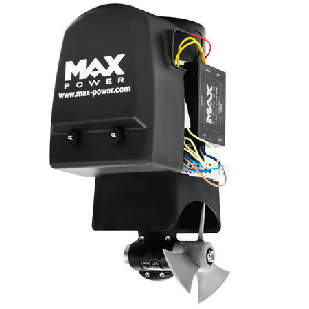 Max Power bovpropel CT35 monteret på en båd, set forfra.