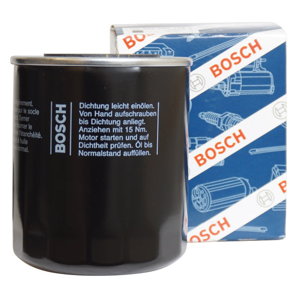 Bosch oliefilter P3206 til Volvo, vist forfra med monteringsspecifikationer.