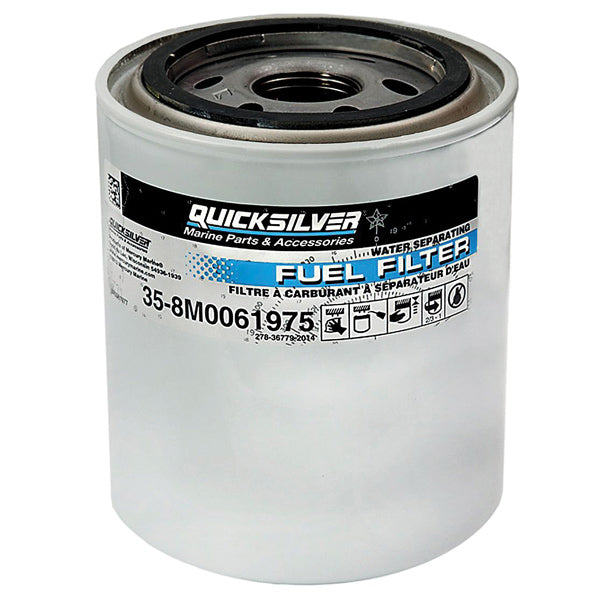 Quicksilver brændstoffilter vandseparator set fra siden, klar til installation.