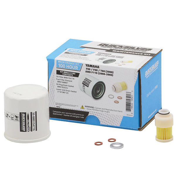 Quicksilver 100T service kit til Yamaha motorer, præsenteret på hvid baggrund.
