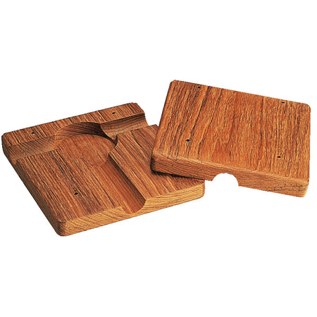 Roca teak plade til påhængsmotor, vist oprejst med mål 17,5x17x4,5 cm.