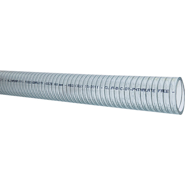 SeaTec klar PVC slange med stålspiral, 51mm, 30m, præsenteret på hvid baggrund.