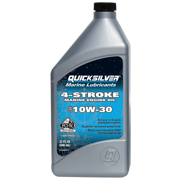 Quicksilver 10W-30 motorolie i 4L beholder, vist fra siden