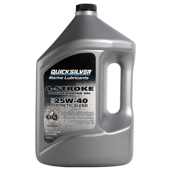 Quicksilver 25W-40 motorolie i 4L dunk set fra siden