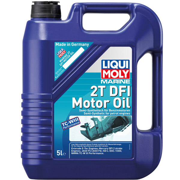 Liqui Moly Marine 2T DFI motorolie i 5 liters dunk, perfekt til Evinrude E-Tec motorer.