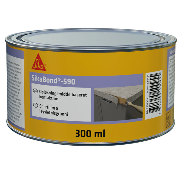 Sika bond 590 kontaktlim i beige, vises i tube med label.