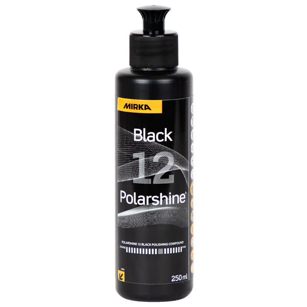 Mirka Polarshine 12 black polermiddel i 250 ml flaske, stående på hvid baggrund.