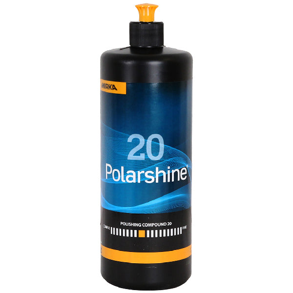 Mirka Polarshine 20 polermiddel i en 1L flaske, klar til brug på bådens overflader.